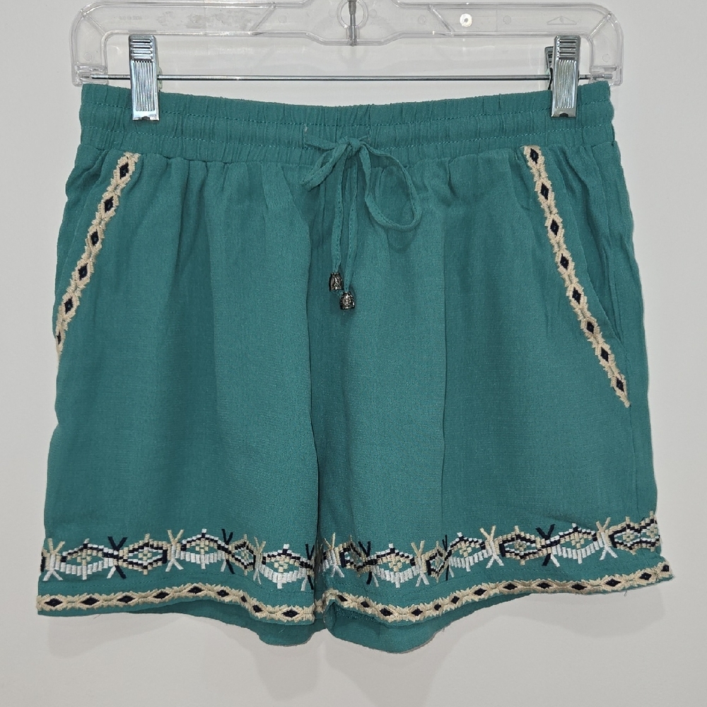HeiHei By Anthropologie Teal Isle Shorts with Southwestern Embroidery NWT